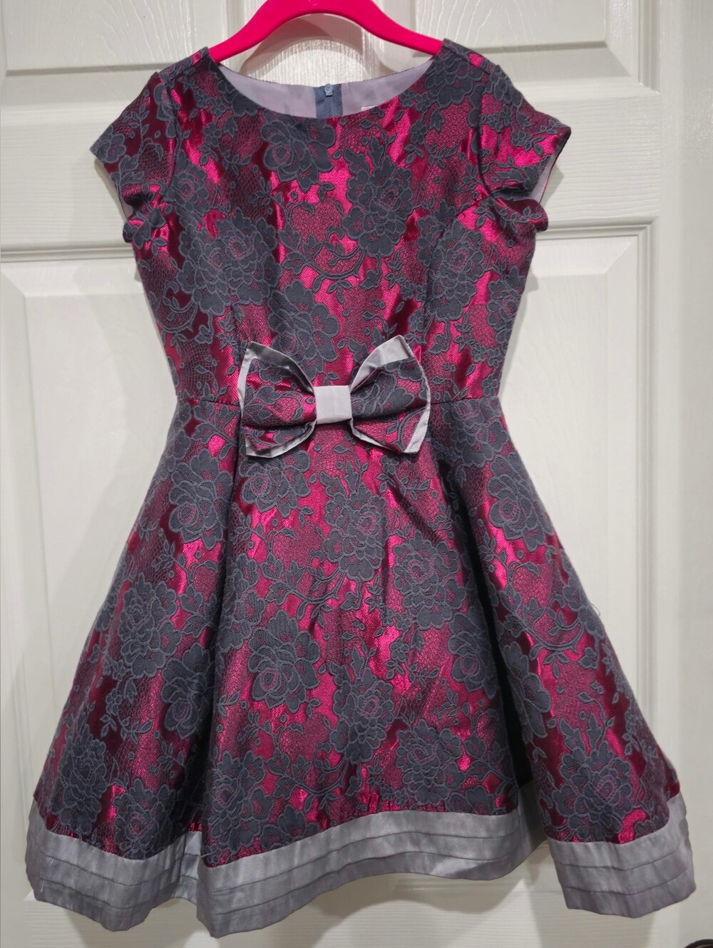 Us Angels Fuchsia and Gray Floral Fit & Flare Dress with Waist Bow